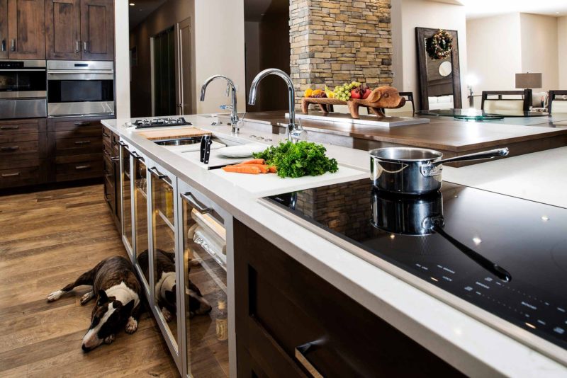 Heart of the Treehouse 10 modern kitchen with Galley Workstation large kitchen sink and induction cooking on the island and lighted storage below