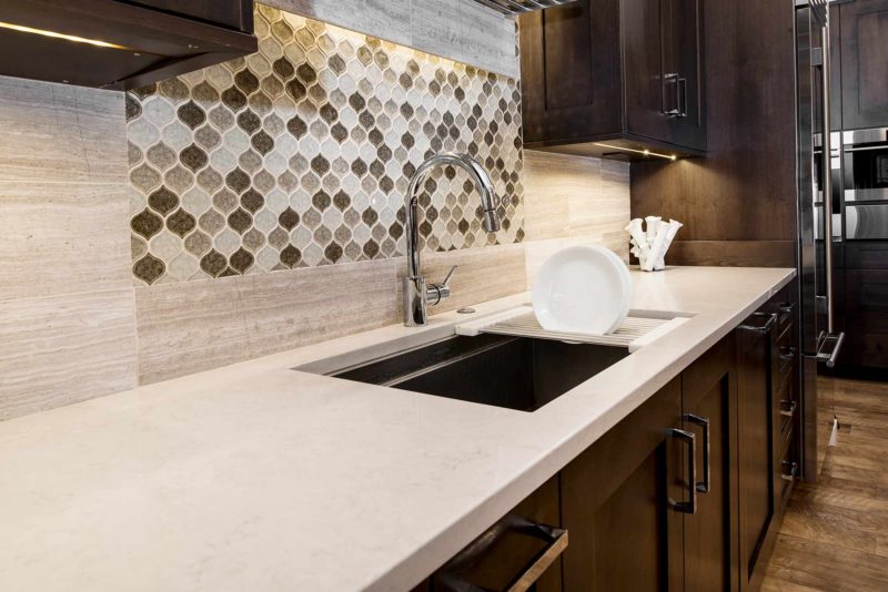 Heart of the Treehouse 9 modern kitchen with Galley Workstation cleanup kitchen sink with tile backsplash and open shelves above